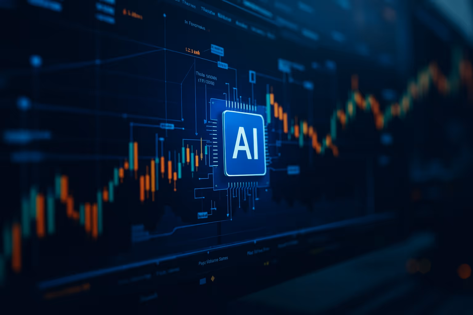 Artificial intelligence concept with glowing AI chip and financial data charts, symbolizing AI-powered analytics, big data processing, and digital transformation in business.