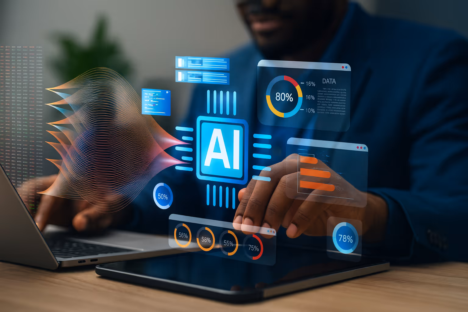 Business professional working on a laptop with glowing AI interface, data visualizations, and analytics dashboards, symbolizing artificial intelligence, machine learning, and cybersecurity edge defense.