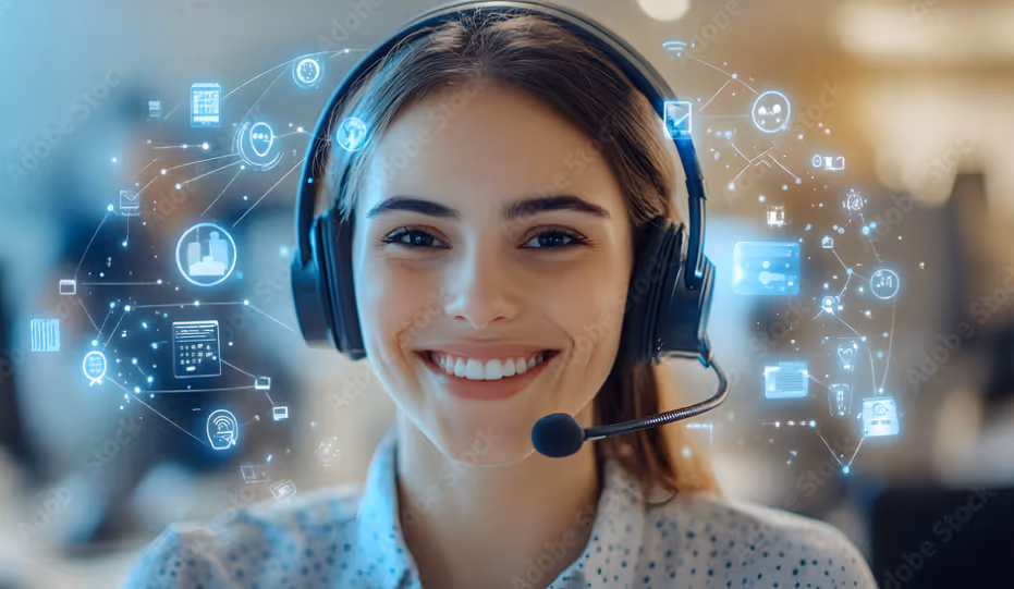 Smiling female customer support agent wearing a headset, surrounded by glowing blue digital icons representing communication, chat, and AI technology.