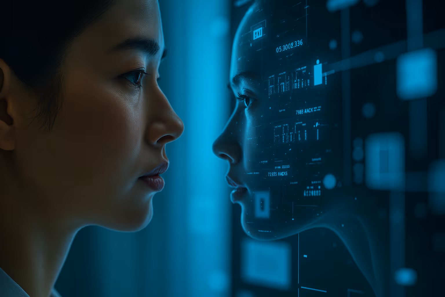 Profile of an Asian woman facing her AI-generated digital clone, connected by glowing blue data streams and futuristic interface elements.