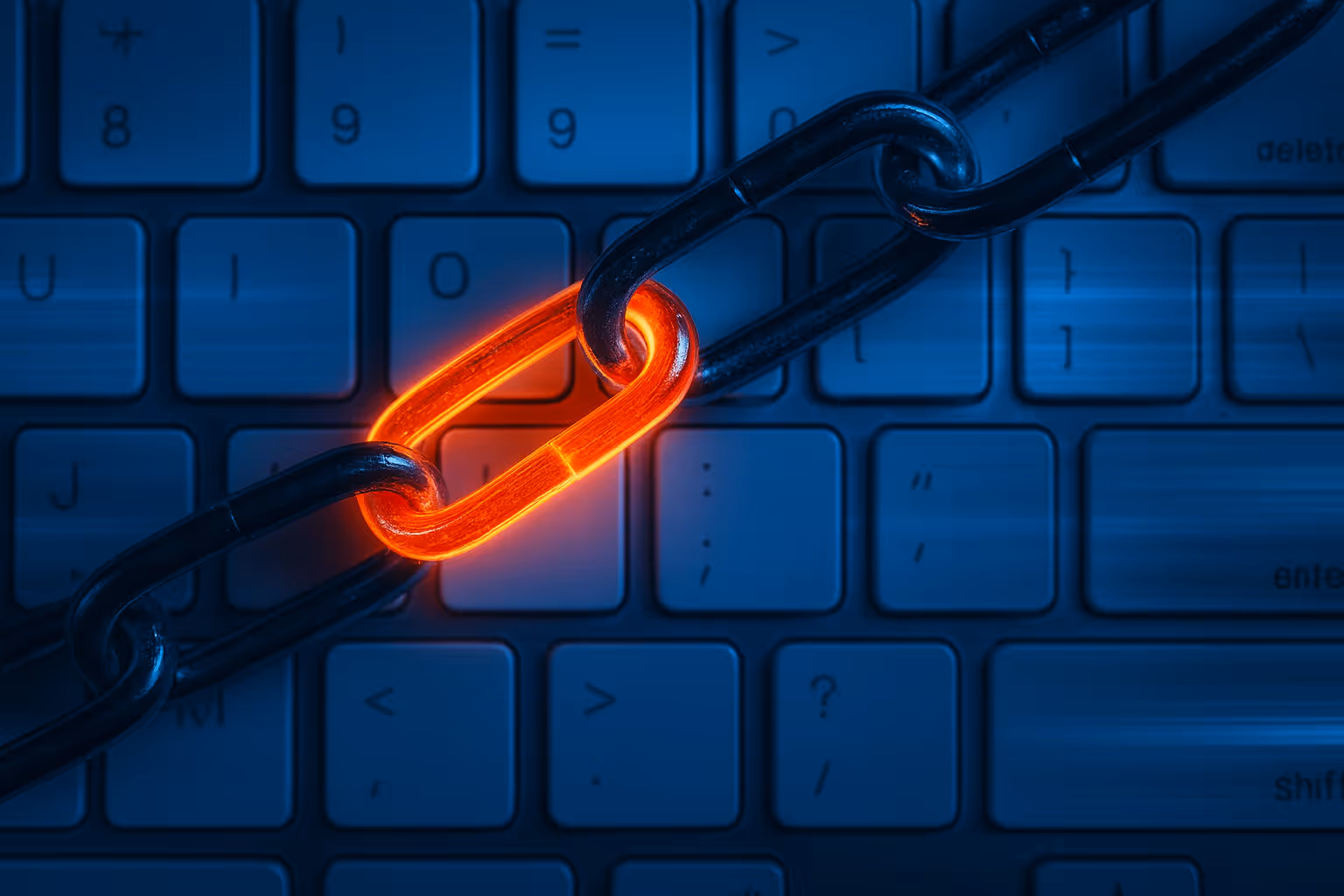 Glowing chain link showing CRM integration vulnerability on digital keyboard background.