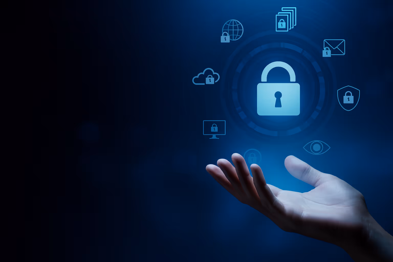 Hand holding a glowing digital padlock surrounded by cloud, email, and data security icons, symbolizing data protection, privacy, and secure access.