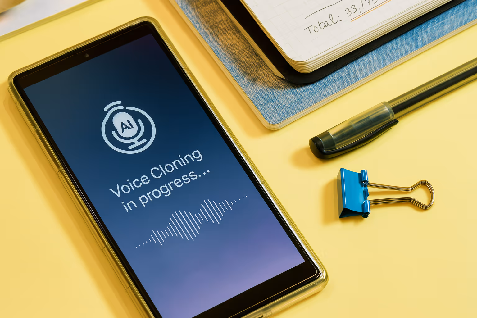 Photo of a smartphone displaying “Voice Cloning in progress” with AI icon, symbolizing deepfake vishing and MFA bypass threats.