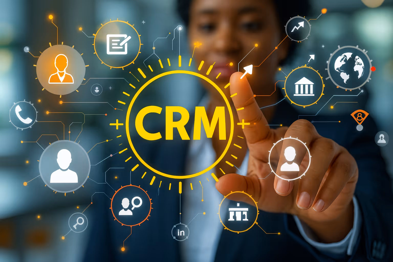 Professional Black woman interacting with a glowing CRM interface surrounded by digital icons, symbolizing customer relationship management and business automation.