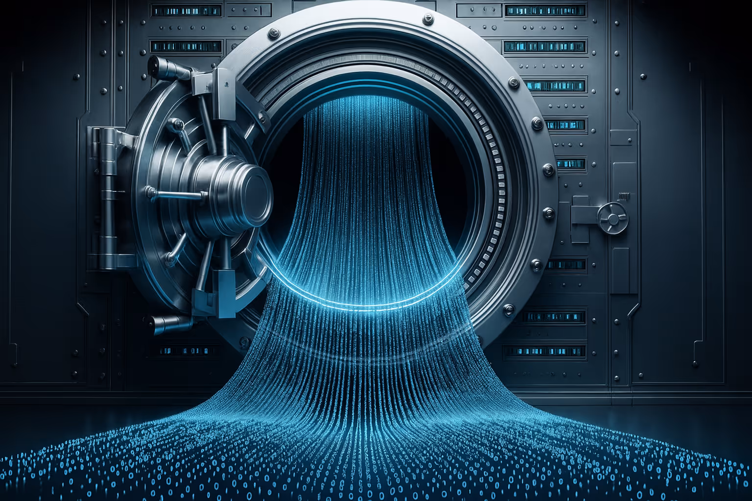 Digital illustration of a secure vault door leaking glowing blue binary code, representing cybersecurity risks and data breaches.