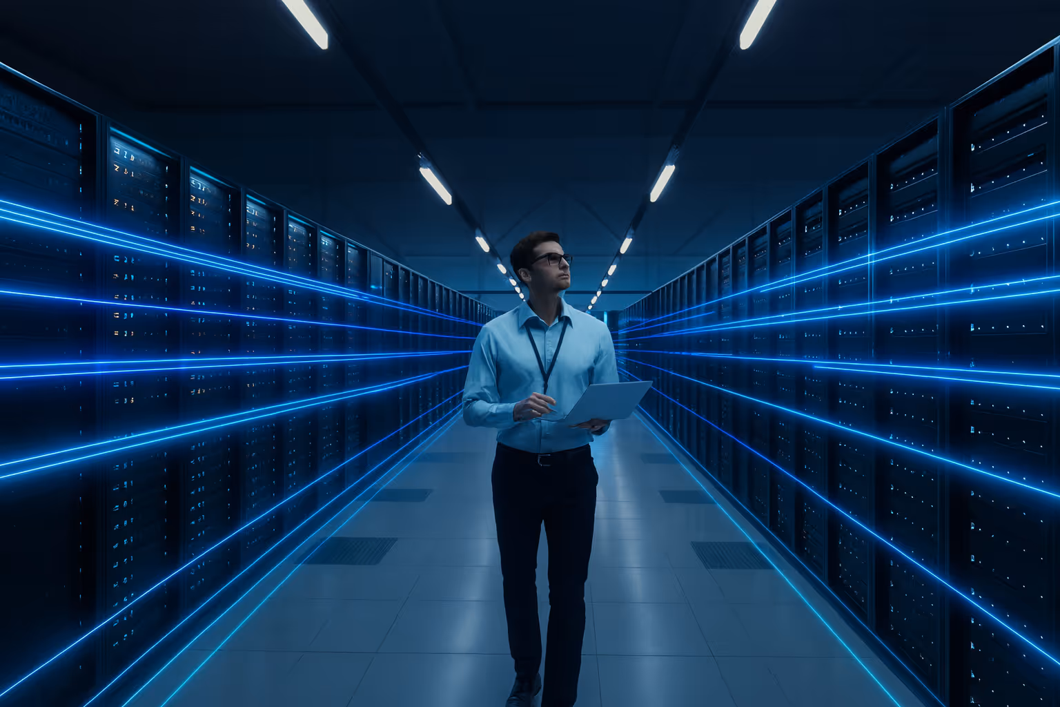 Image of an IT specialist walking through a data center with rows of glowing servers, symbolizing cybersecurity, cloud infrastructure, and digital data management.