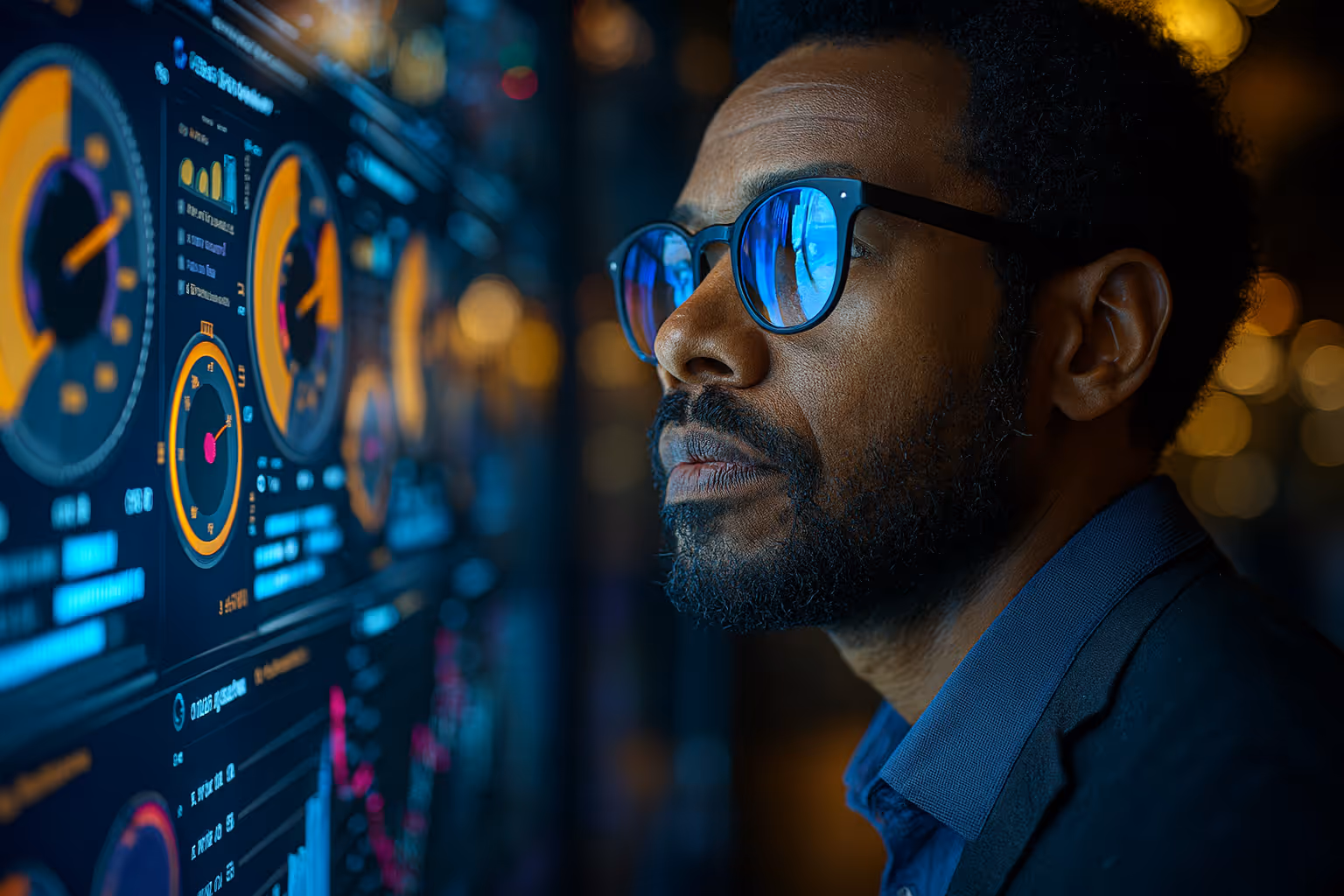 African American analyst examining digital dashboards with charts and graphs in a data center.