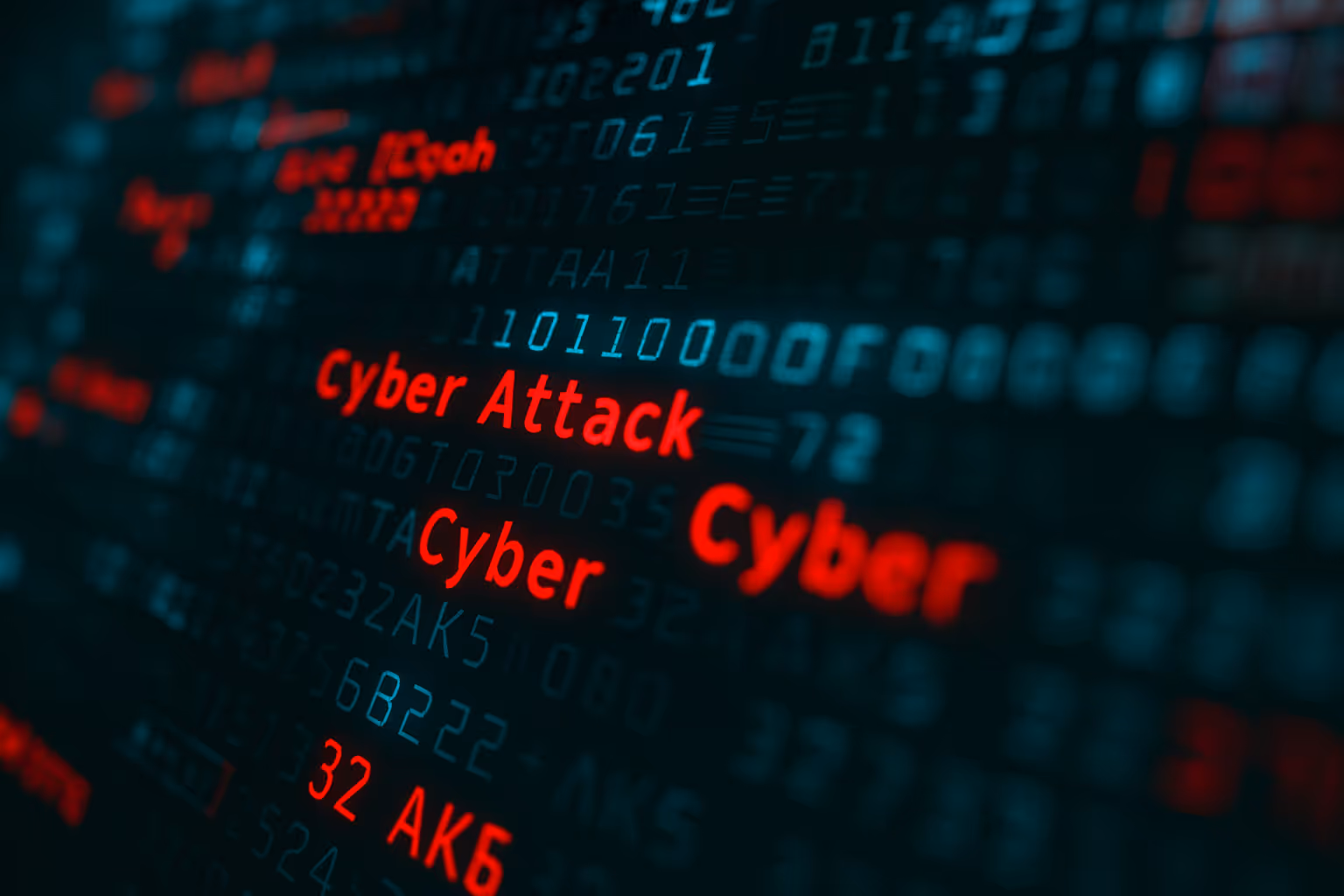 Digital illustration showing red "Cyber Attack" text among binary code, symbolizing cybersecurity threats and data breaches.