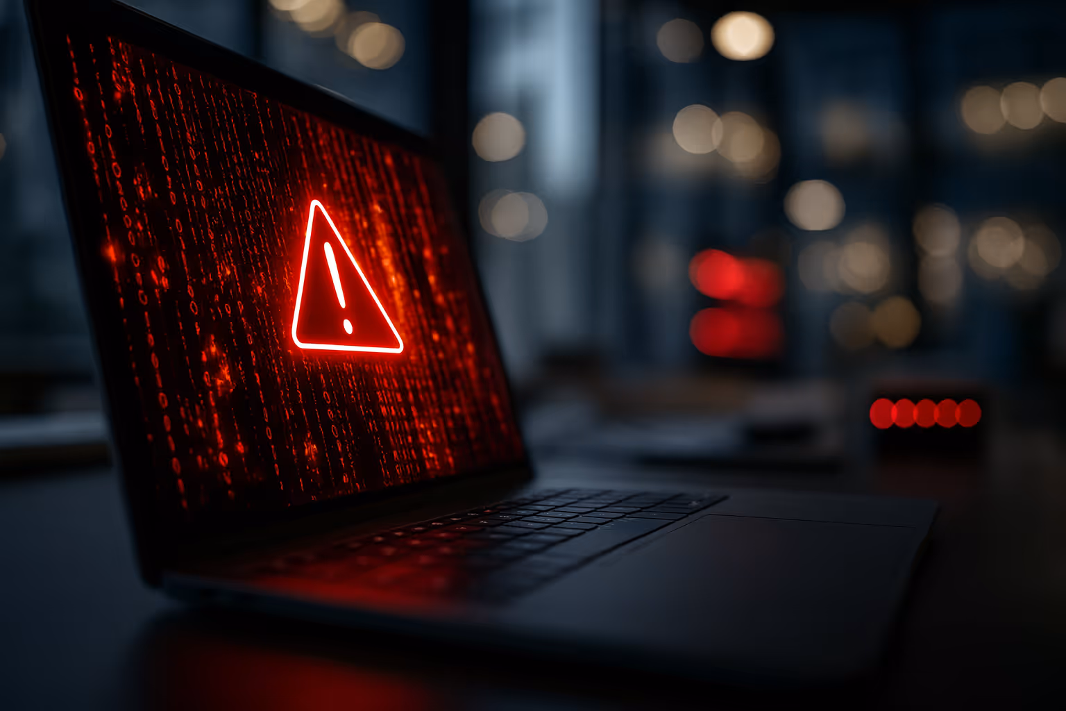 Laptop screen showing red cyber warning alert, symbolizing data breach and security risk.