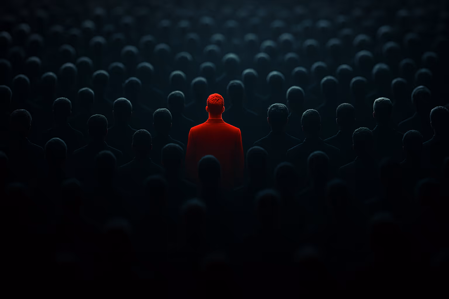 Red-highlighted figure standing in a dark crowd, symbolizing insider threats and third-party cyber risks.