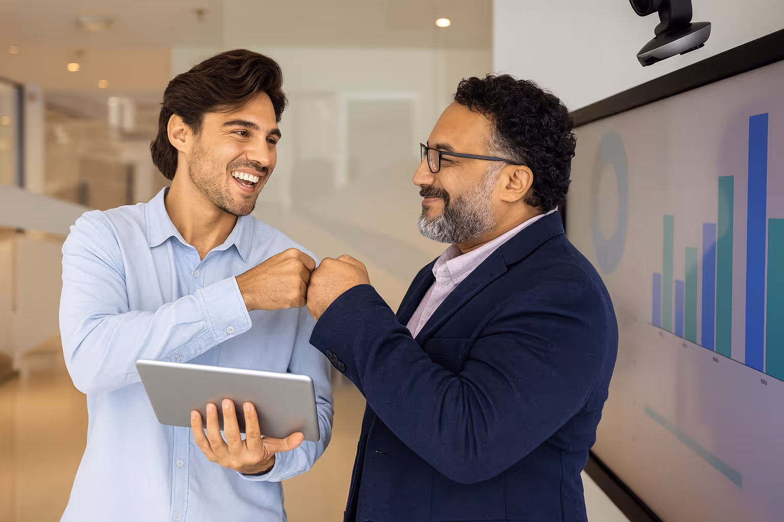 Two business professionals celebrate teamwork with a fist bump in a modern office, symbolizing trust, collaboration, and strong business partnerships that drive growth and success.