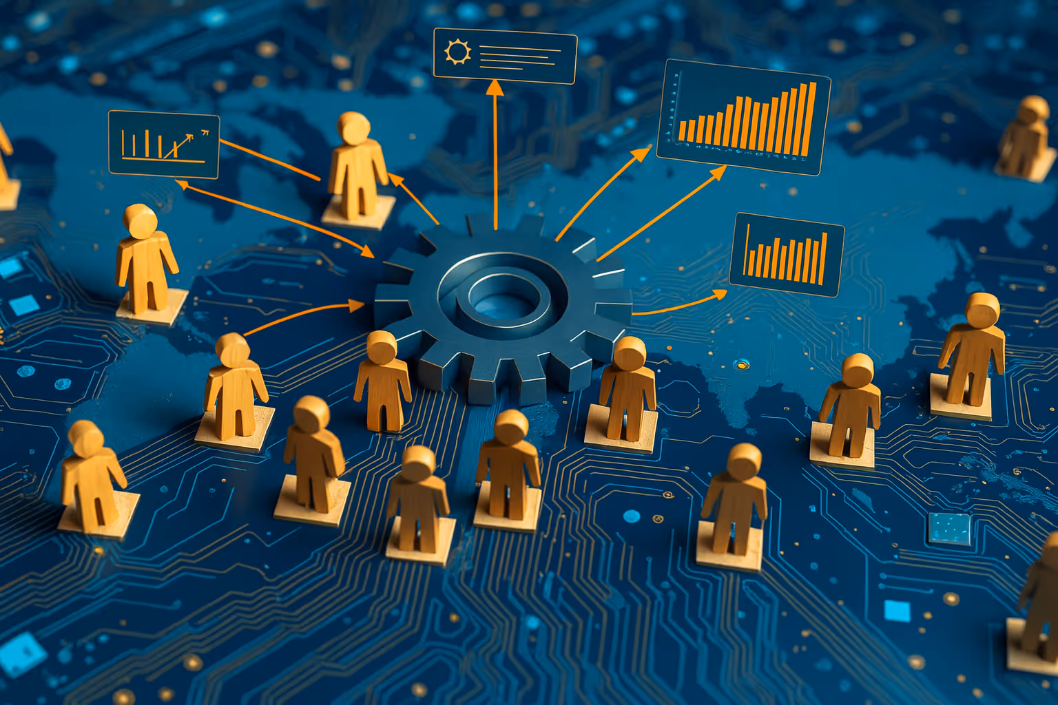 Wooden human figures on a digital circuit board connected to charts and data, symbolizing shadow IT risks and uncontrolled software use in organizations.