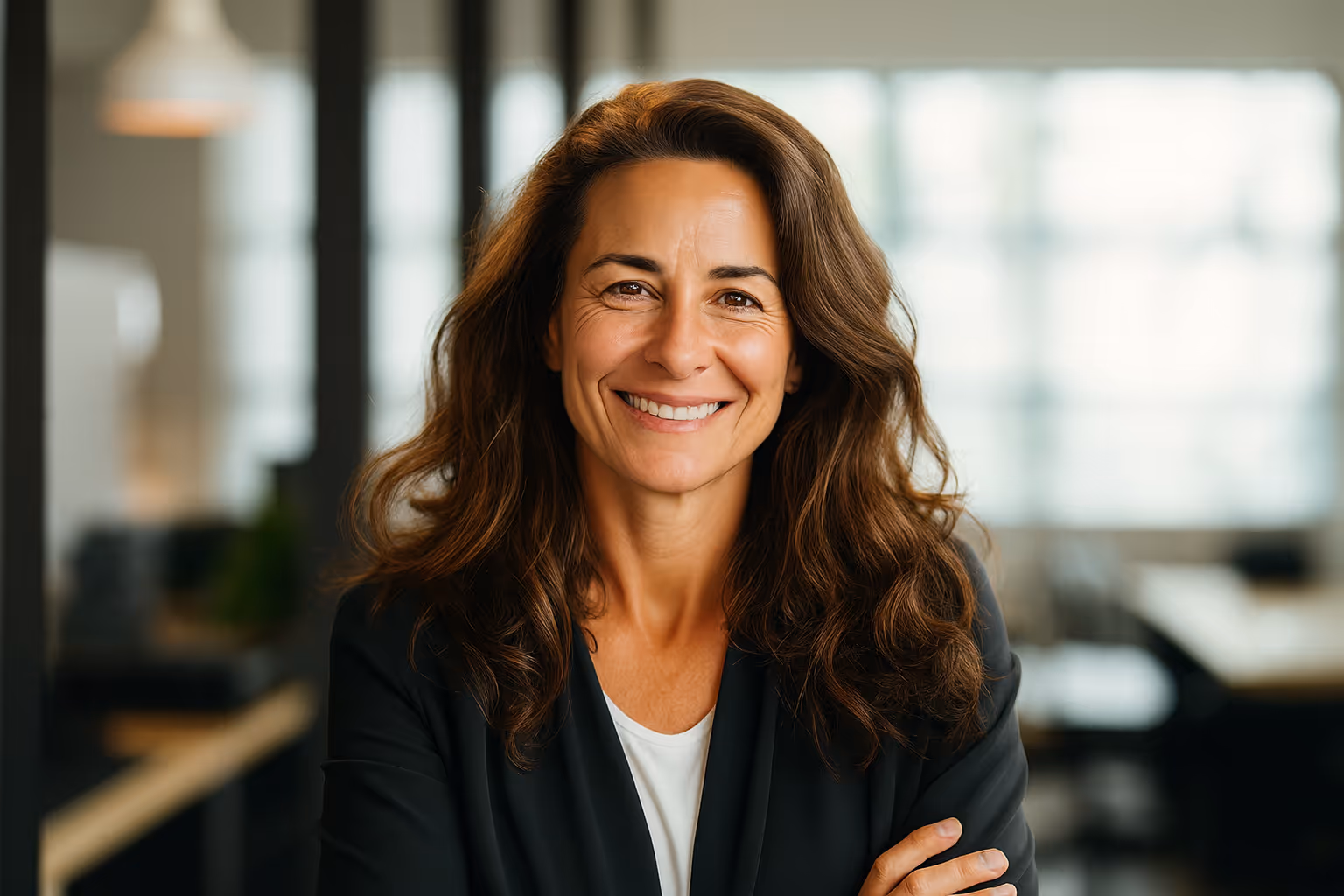 Confident businesswoman smiling in modern office, symbolizing building customer trust into every interaction and data protection practices.