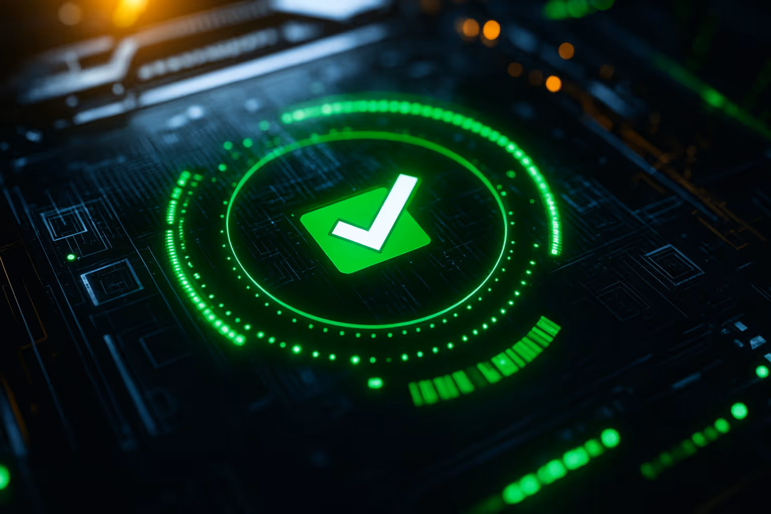 Glowing green digital checkmark on a futuristic circuit board interface, symbolizing trust, data security, and verified protection in digital systems.