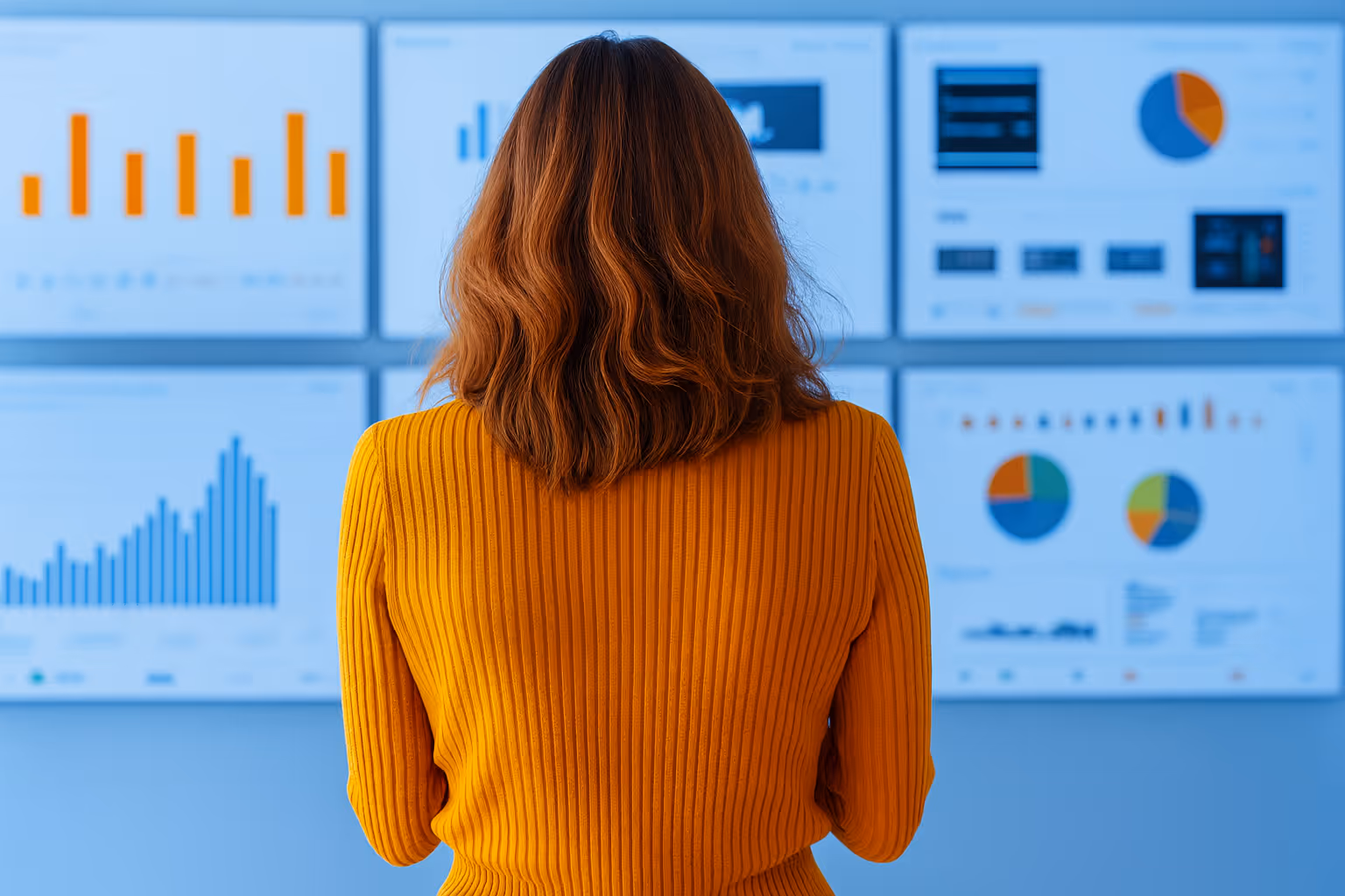 Business professional analyzing data dashboards with charts and graphs for insights, compliance, and decision-making.