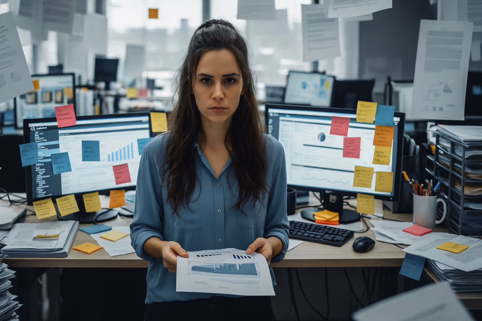 Stressed employee surrounded by cluttered data, sticky notes, and reports in a chaotic office, symbolizing disconnected customer experience and poor collaboration.