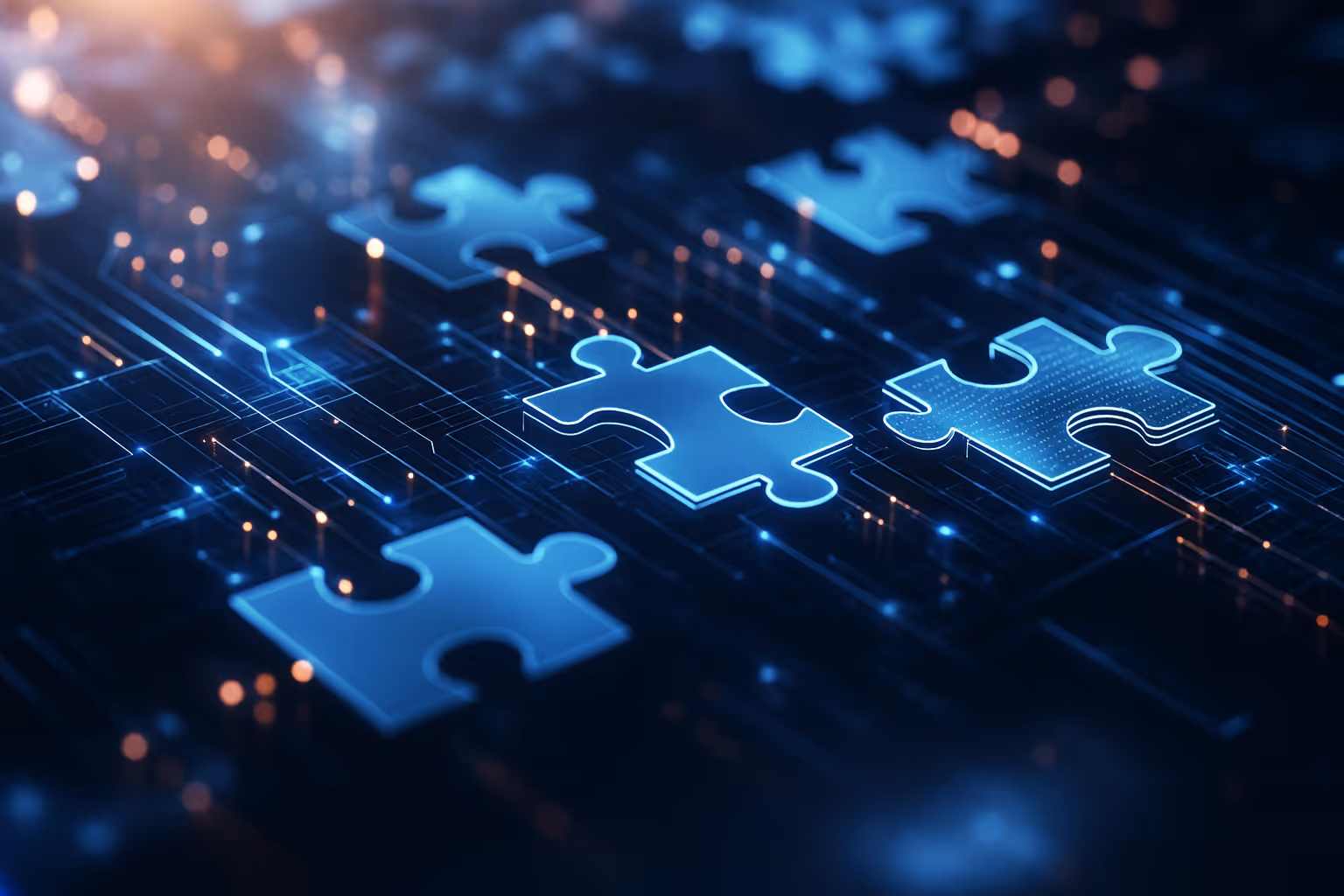 Glowing digital puzzle pieces connected across a circuit board, symbolizing integrated customer experience and seamless collaboration.