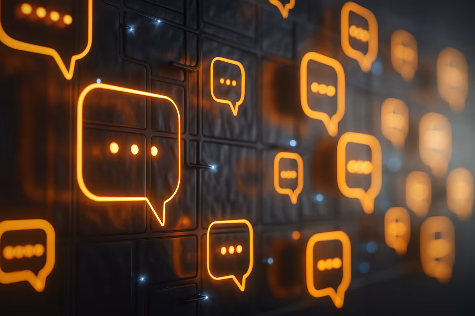 Glowing chat icons on a digital wall, symbolizing customer conversations, communication channels, and connected customer experience.