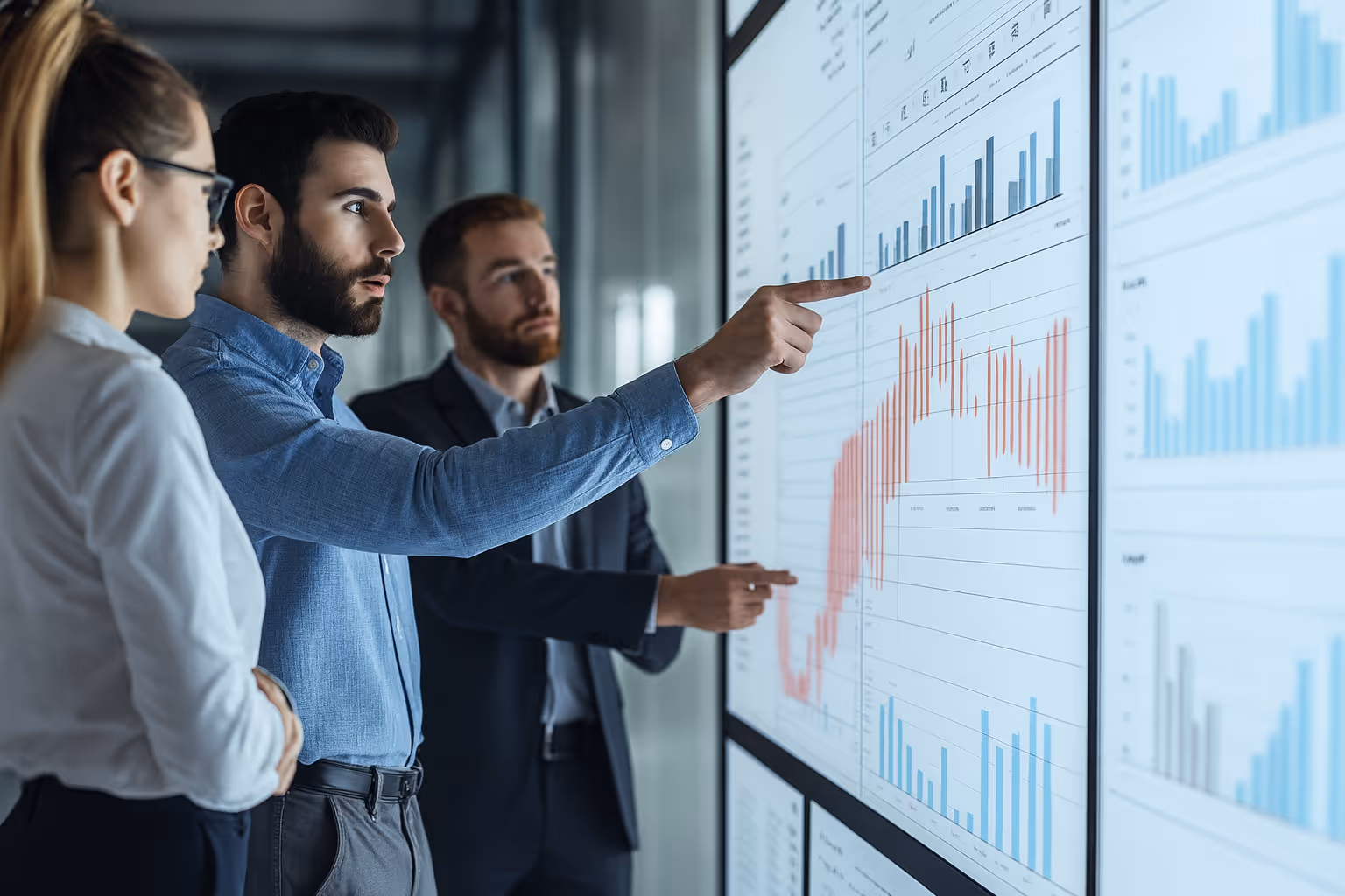 Business professionals analyzing data visualizations on a large digital screen, symbolizing collaboration, insights, and customer experience optimization.