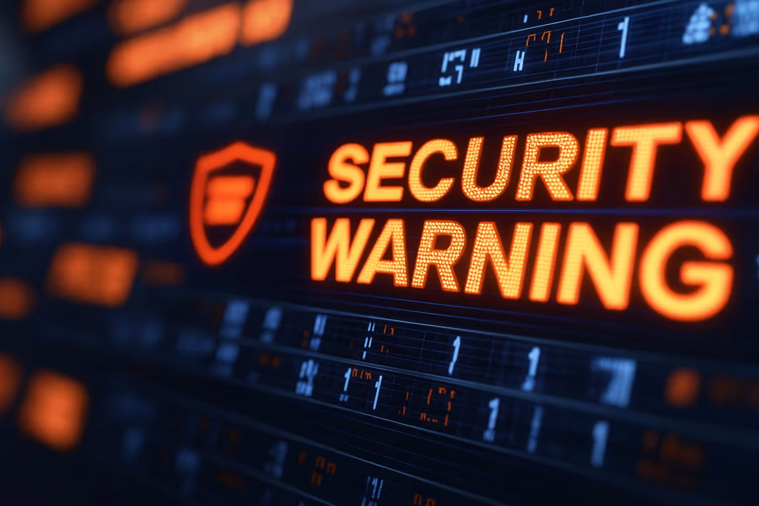 Close-up of a digital screen showing glowing red “Security Warning” text with shield icon, symbolizing cybersecurity threats and data protection risks.