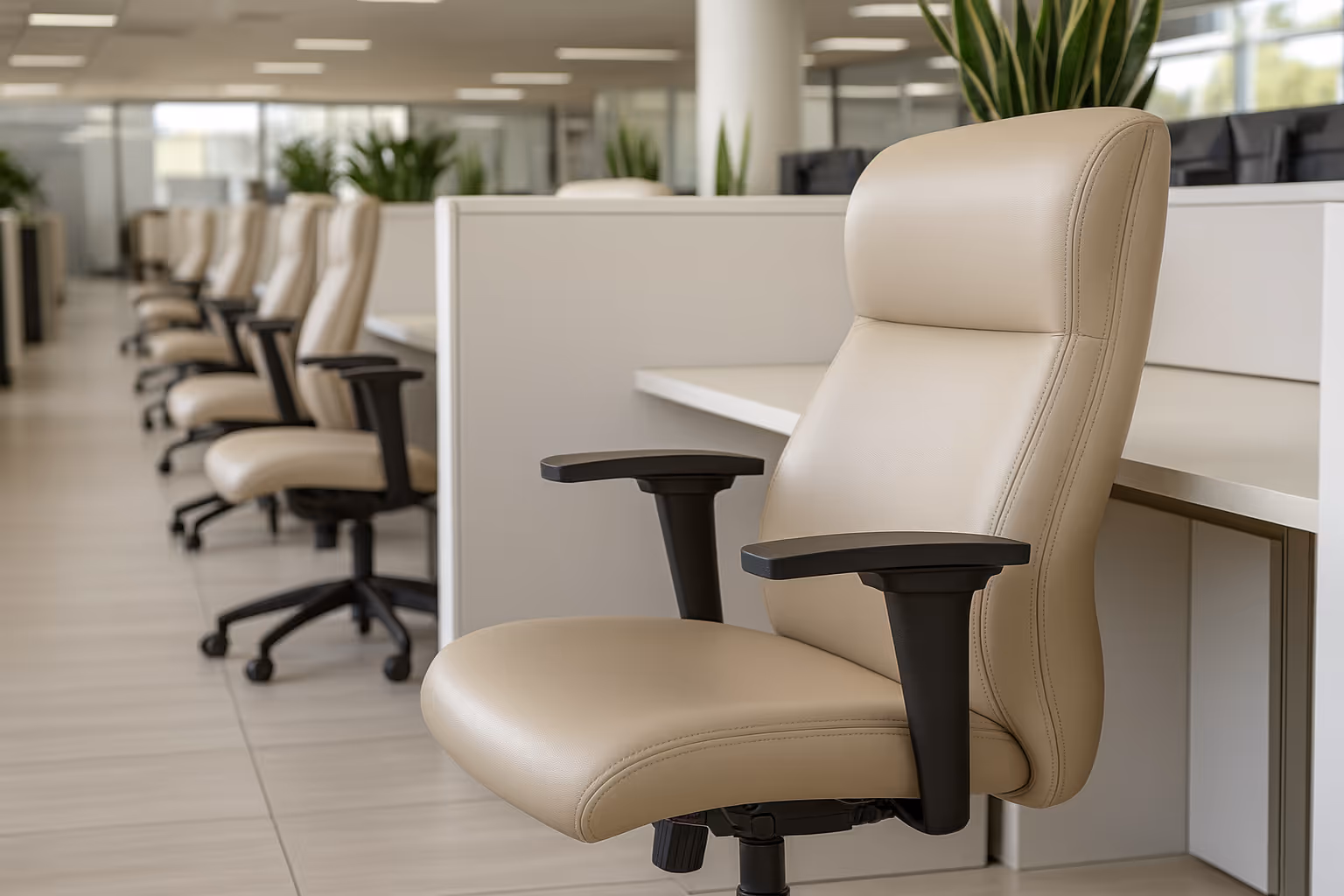 Row of empty beige office chairs in a modern call center, symbolizing customer service gaps, collaboration challenges, and workforce inefficiencies.