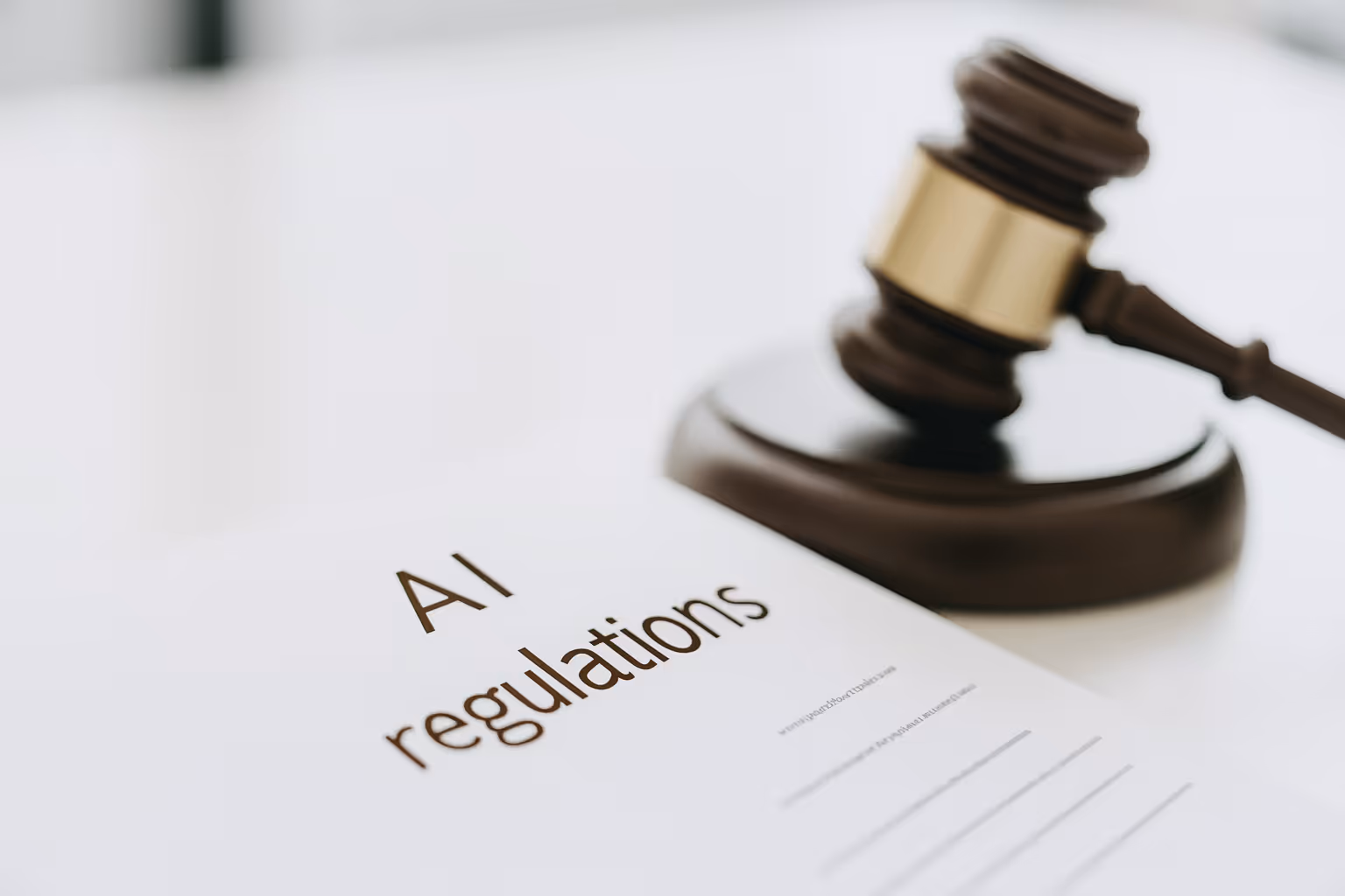 Close-up of a gavel beside a document titled AI regulations, symbolizing artificial intelligence law, compliance, and governance standards.