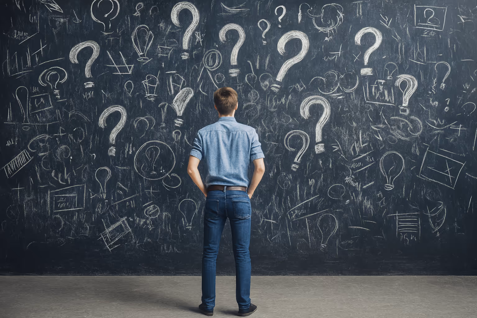 Man standing in front of a chalkboard filled with question marks and ideas, symbolizing problem-solving, innovation, and decision-making in business and technology.