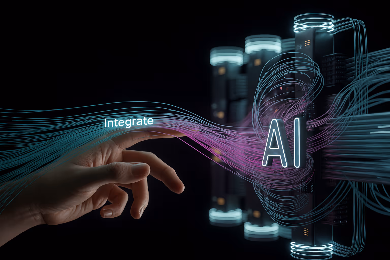 Human hand integrating with glowing AI data streams connected to futuristic servers, symbolizing artificial intelligence integration, digital transformation, and advanced technology solutions.