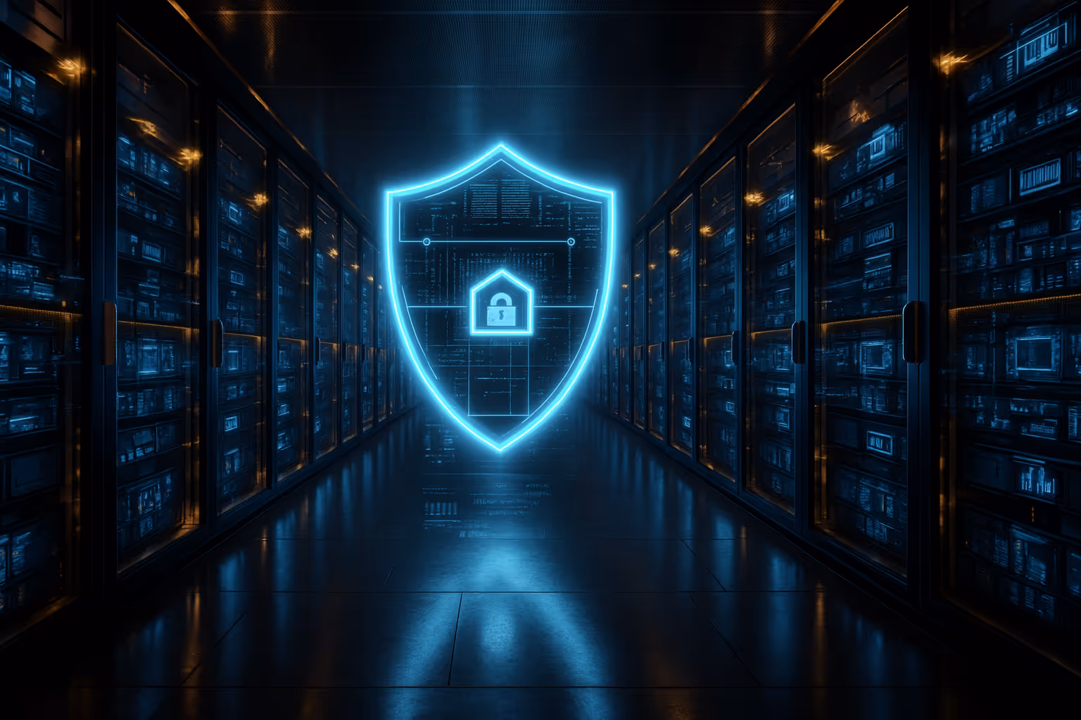 Futuristic data center corridor with glowing servers and a holographic shield lock symbol, representing cybersecurity, data protection, and secure digital infrastructure.