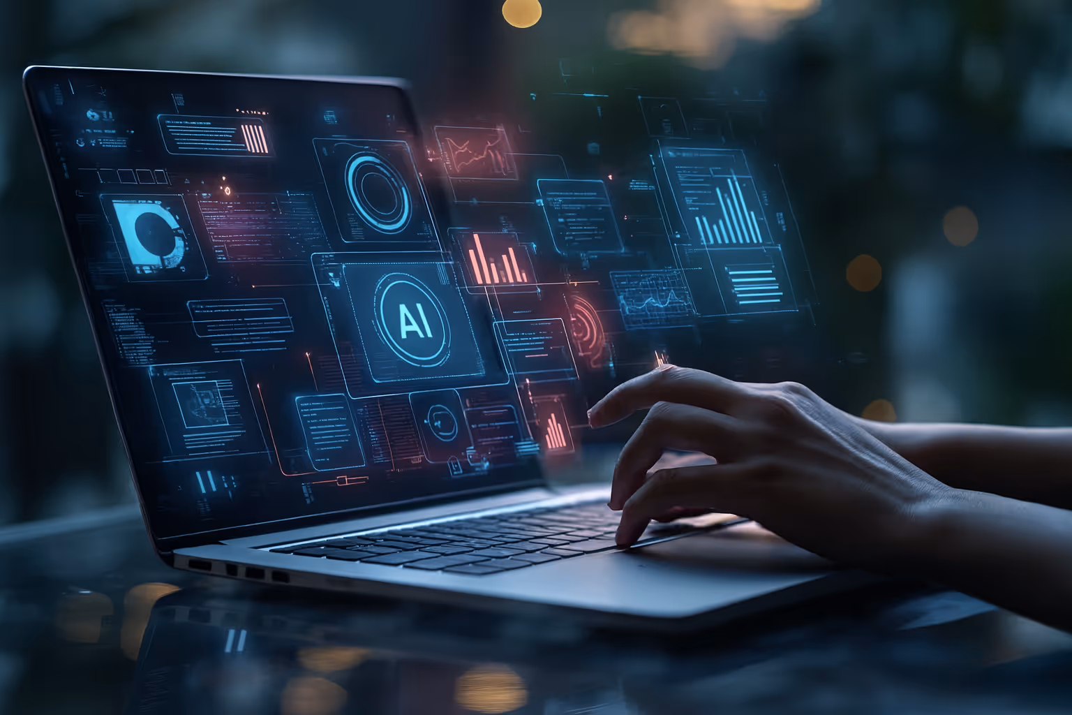 Person working on a laptop with holographic AI dashboards, data visualizations, and futuristic analytics projections, symbolizing artificial intelligence, machine learning, and advanced data insights.