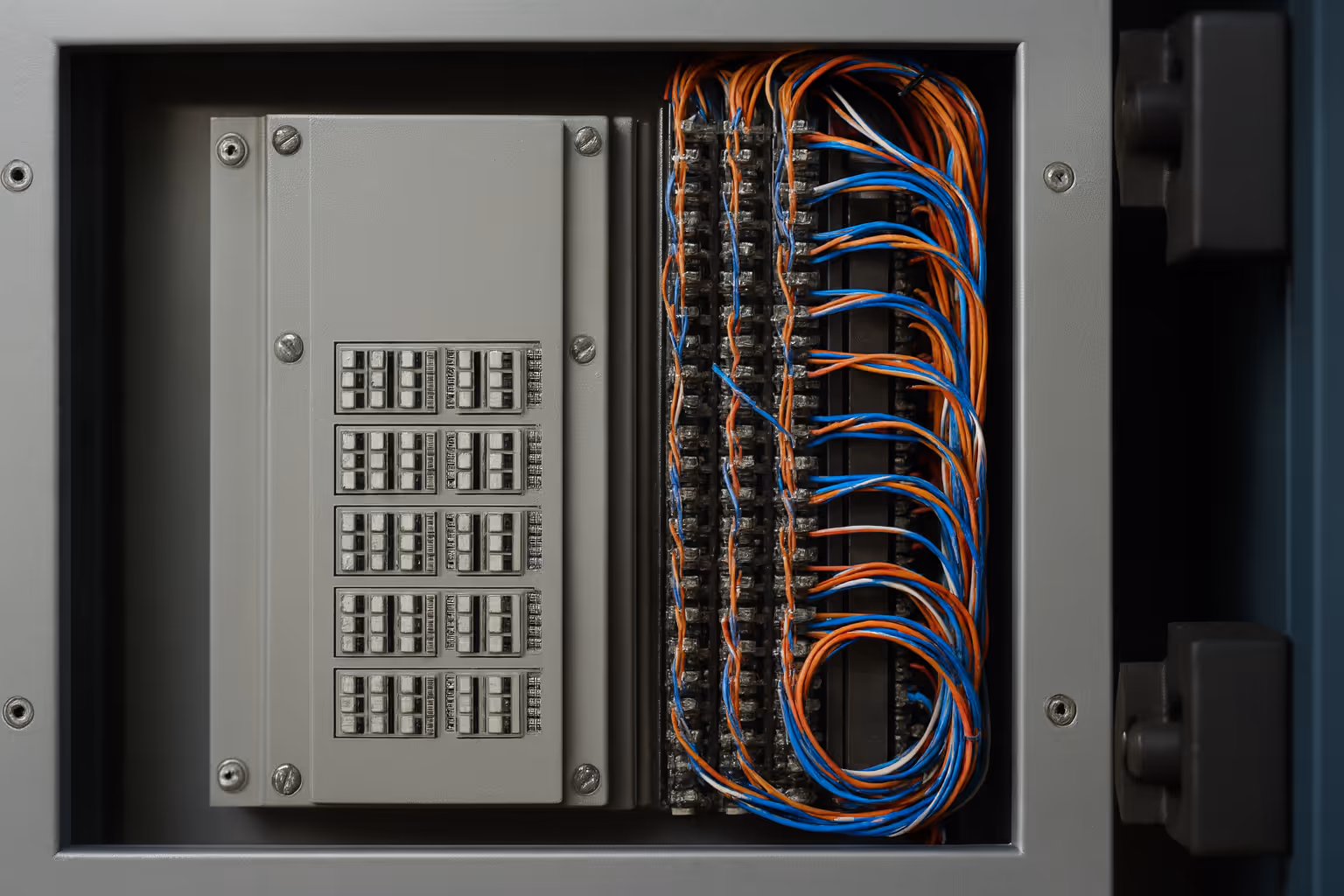 Close-up of a copper telephone POTS line wiring box with exposed analog cables, representing legacy landline infrastructure being decommissioned.