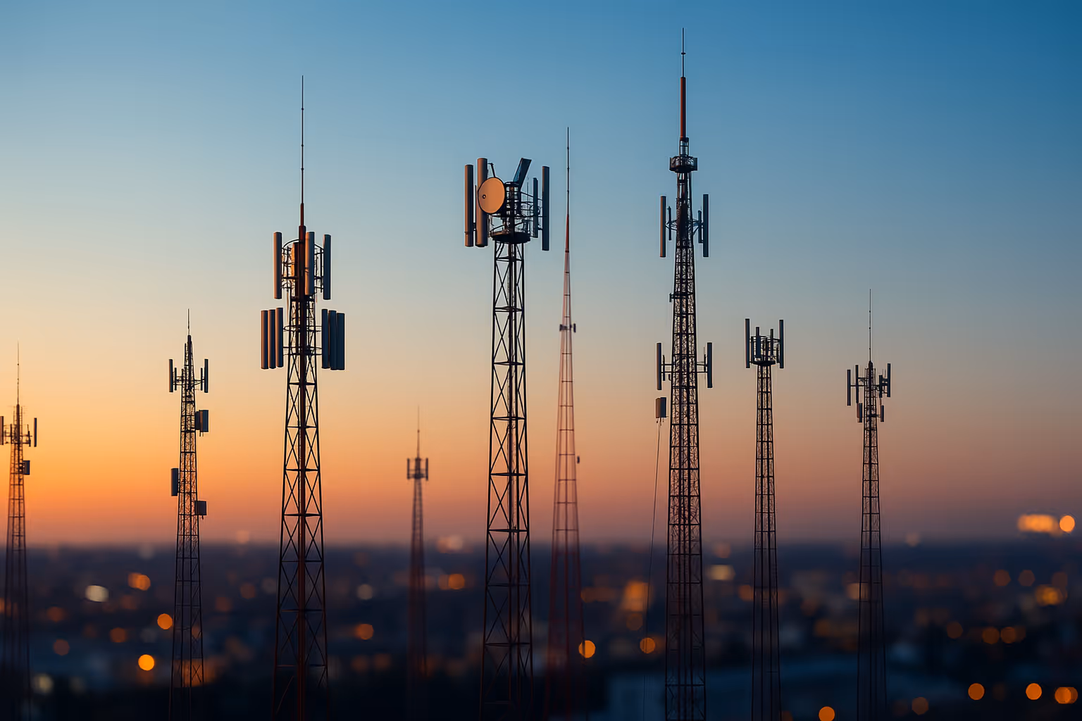 Multiple telecom cell towers with antennas and satellite dishes at sunset, symbolizing wireless communication, 5G technology, and modern connectivity infrastructure.