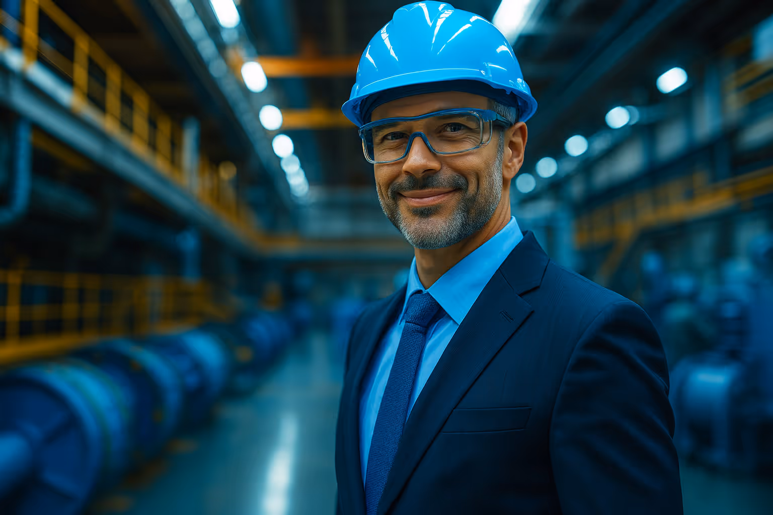 Confident industrial engineer in a suit with blue safety helmet and protective glasses inside a modern factory, symbolizing leadership, safety, and advanced manufacturing.