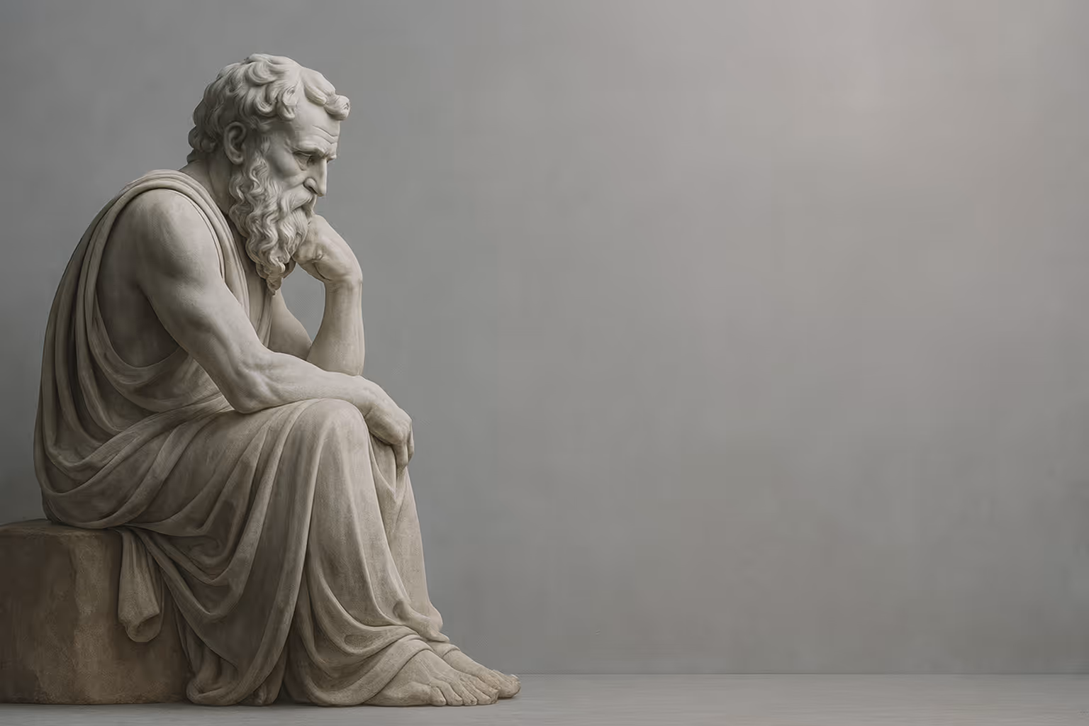 Minimalist statue of a philosopher deep in thought with a soft navy overlay on a concrete background, symbolizing clarity and reflection — Calder & Lane brand visual.