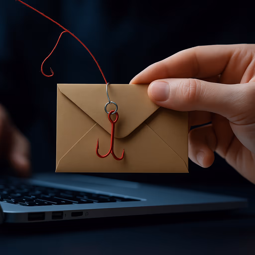 A hand holding an envelope with a fishing hook attached, symbolizing phishing attacks targeting computer users.