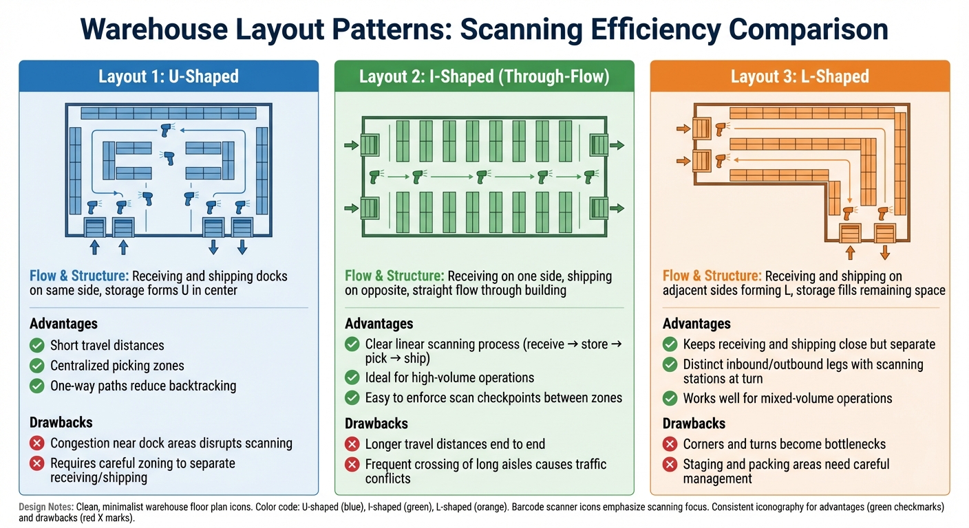 Warehouse Layout Patterns Comparison for Barcode Scanning Efficiency