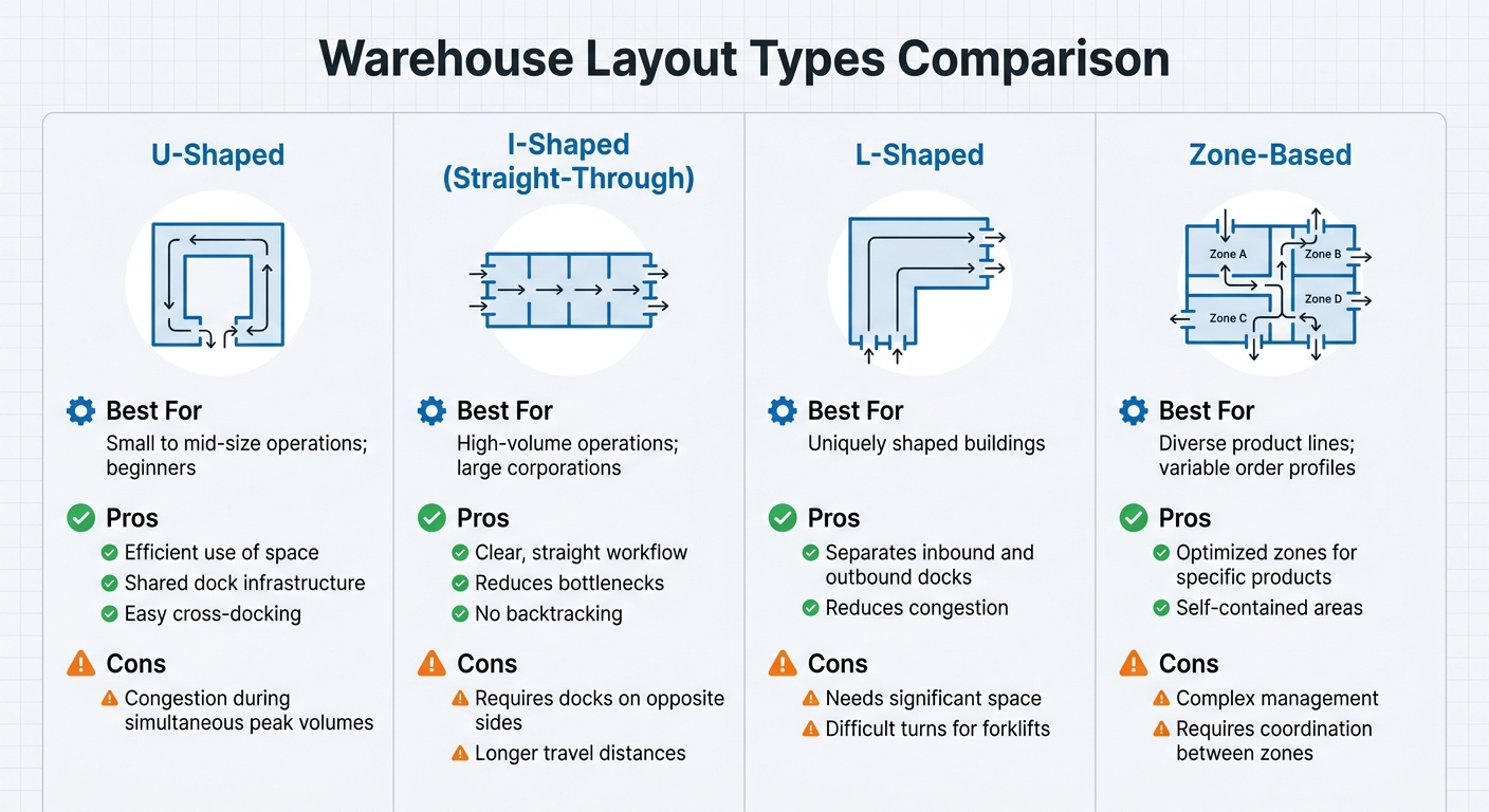 Warehouse Layout Types Comparison: U-Shaped, I-Shaped, L-Shaped, and Zone-Based