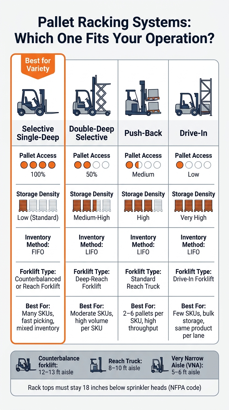 Pallet Racking Systems Compared: Selectivity, Density & Forklift Requirements