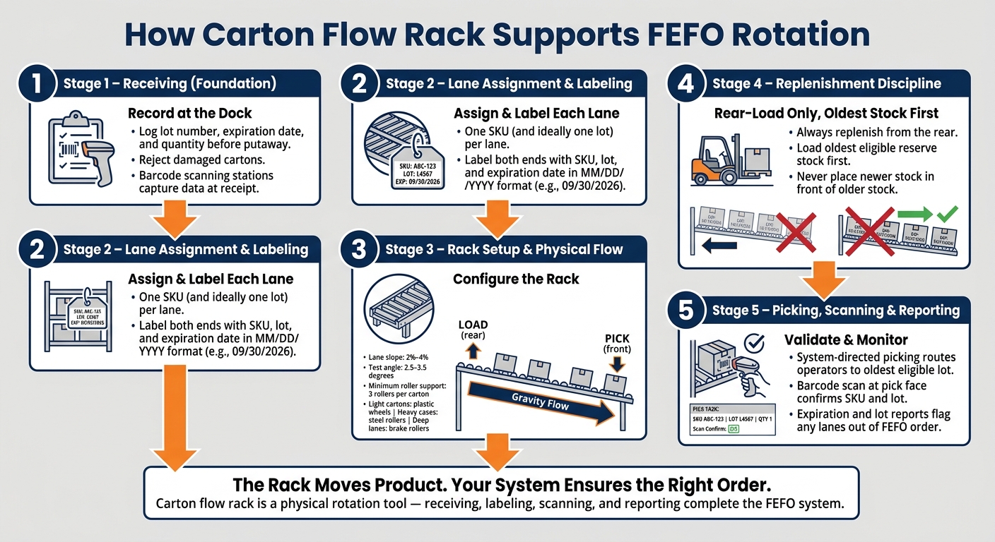 How Carton Flow Rack Enforces FEFO Rotation: Step-by-Step