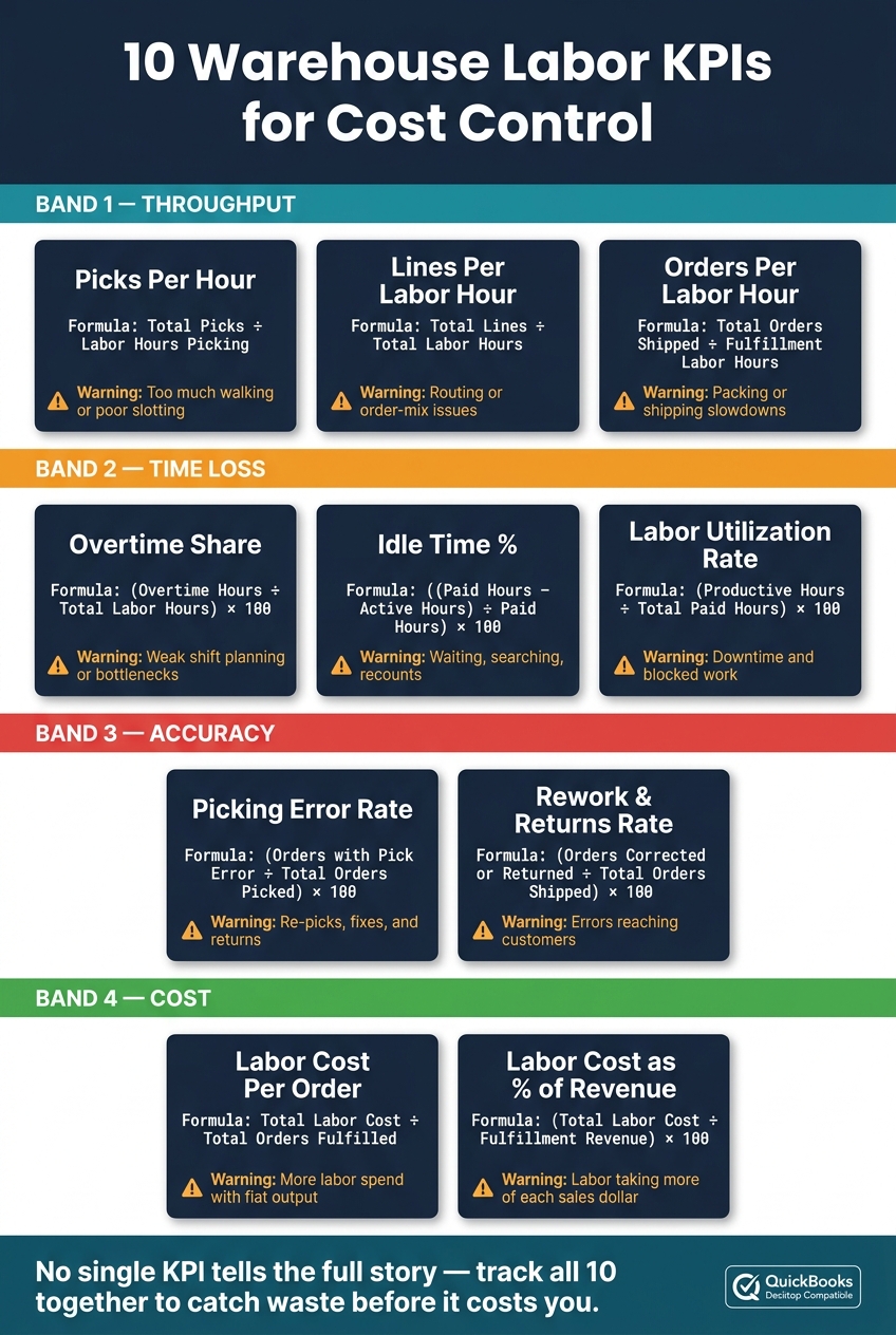 10 Warehouse Labor KPIs: Formulas, Waste Signals & Staffing Actions