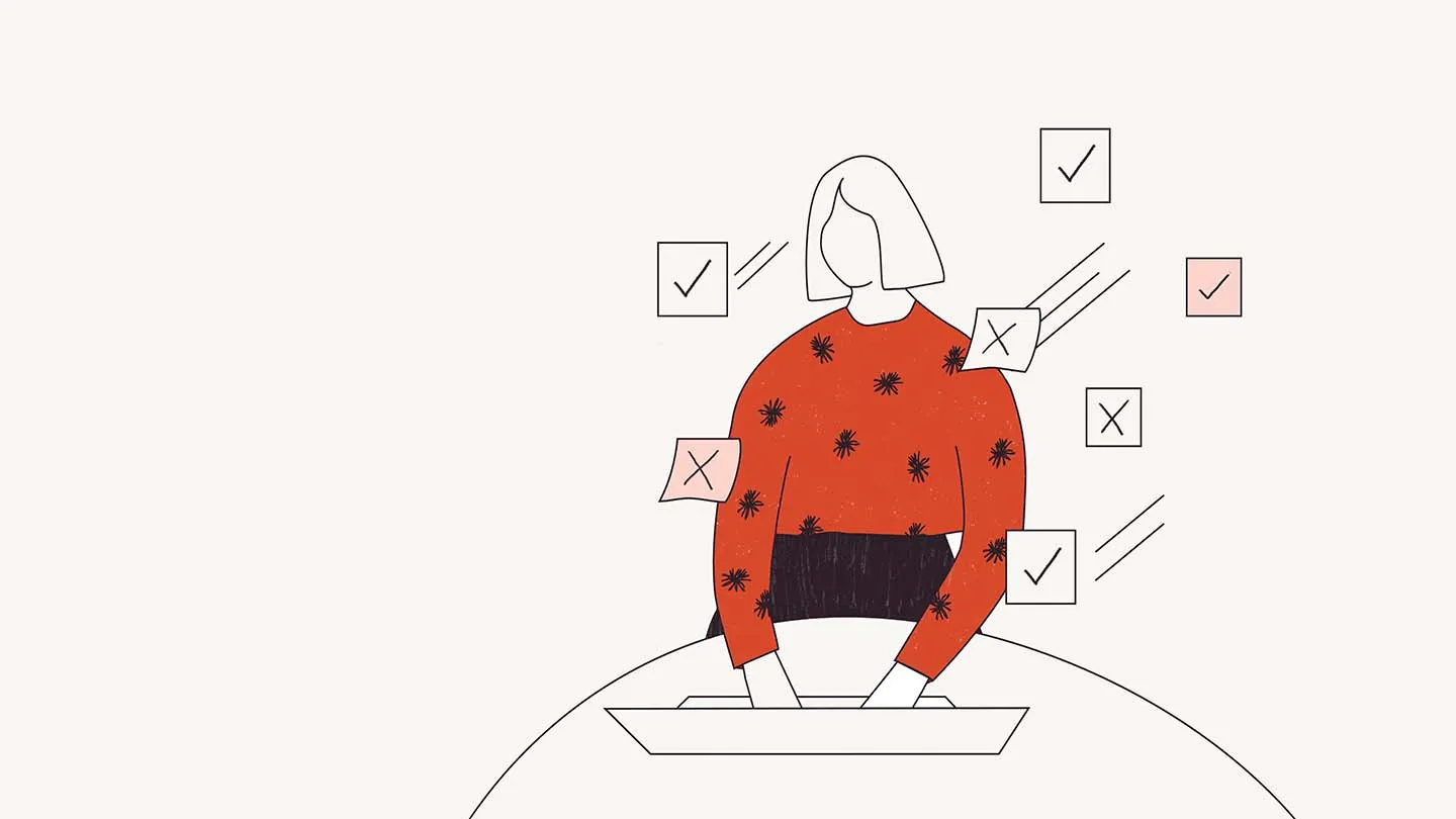 An illustration shows a person with a short bob haircut wearing a terracotta sweater with black flowers. They're sitting at a desk and looking down at a laptop. Floating around them are several boxes, some with a checkmark, others with an 'X.'