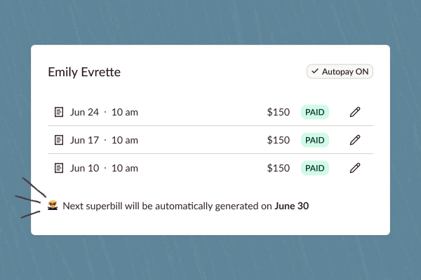 Client billing summary that indicates payment status and allows the provider to toggle autopay on and off or schedule automatic superbill sends