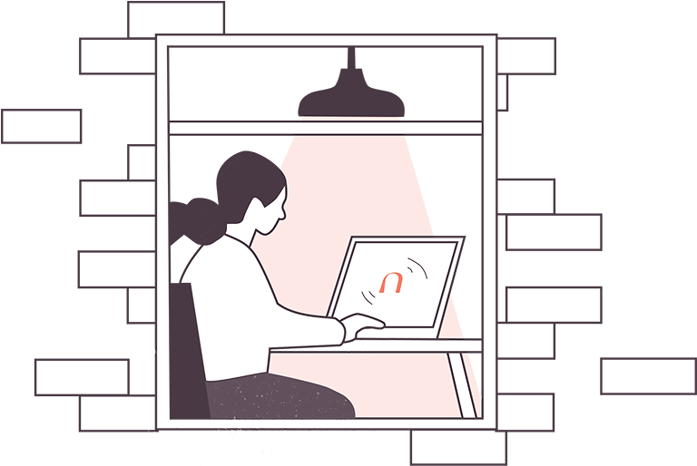 Illustration of a person at a desk, lit by a lamp, interacting with the Nesso interface in a soft, modern palette.