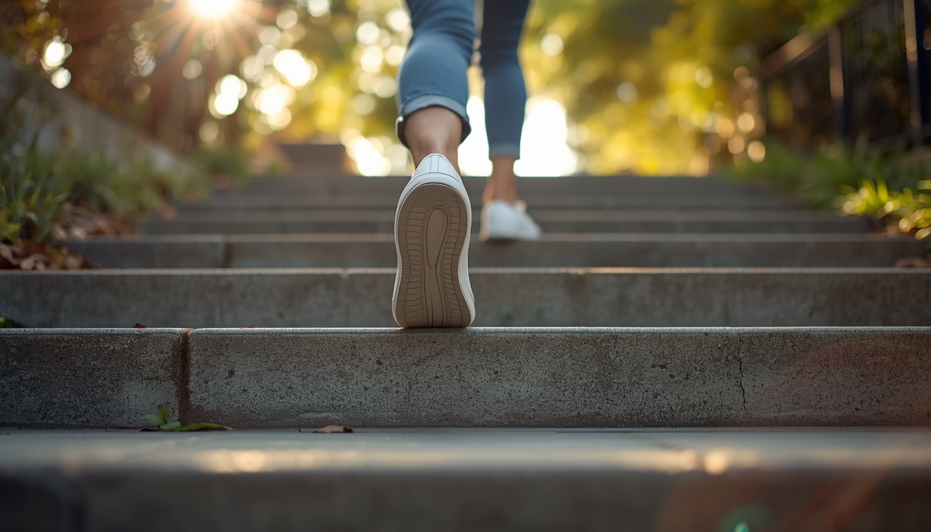 Woman in white sneakers stepping up an outdoor concrete staircase, sunlight streaming through trees ahead