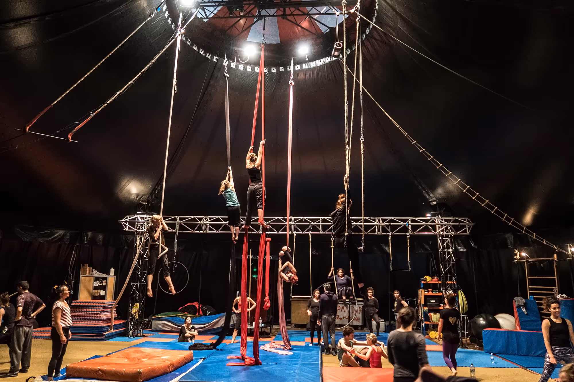 Entraînement sous le chapiteau du Cirque Électrique, avec plusieurs élèves pratiquant les disciplines aériennes sur tissus, cordes et trapèzes, entourés de leurs camarades et encadrants.