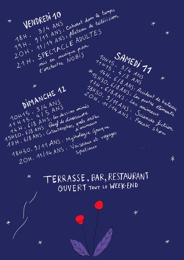 Recto du programme d'activités pour enfants et adultes du vendredi 10 au dimanche 12 avec horaires et descriptions, sur fond bleu avec étoiles et deux fleurs rouges en bas, mention d'une terrasse, bar et restaurant ouverts tout le week-end.