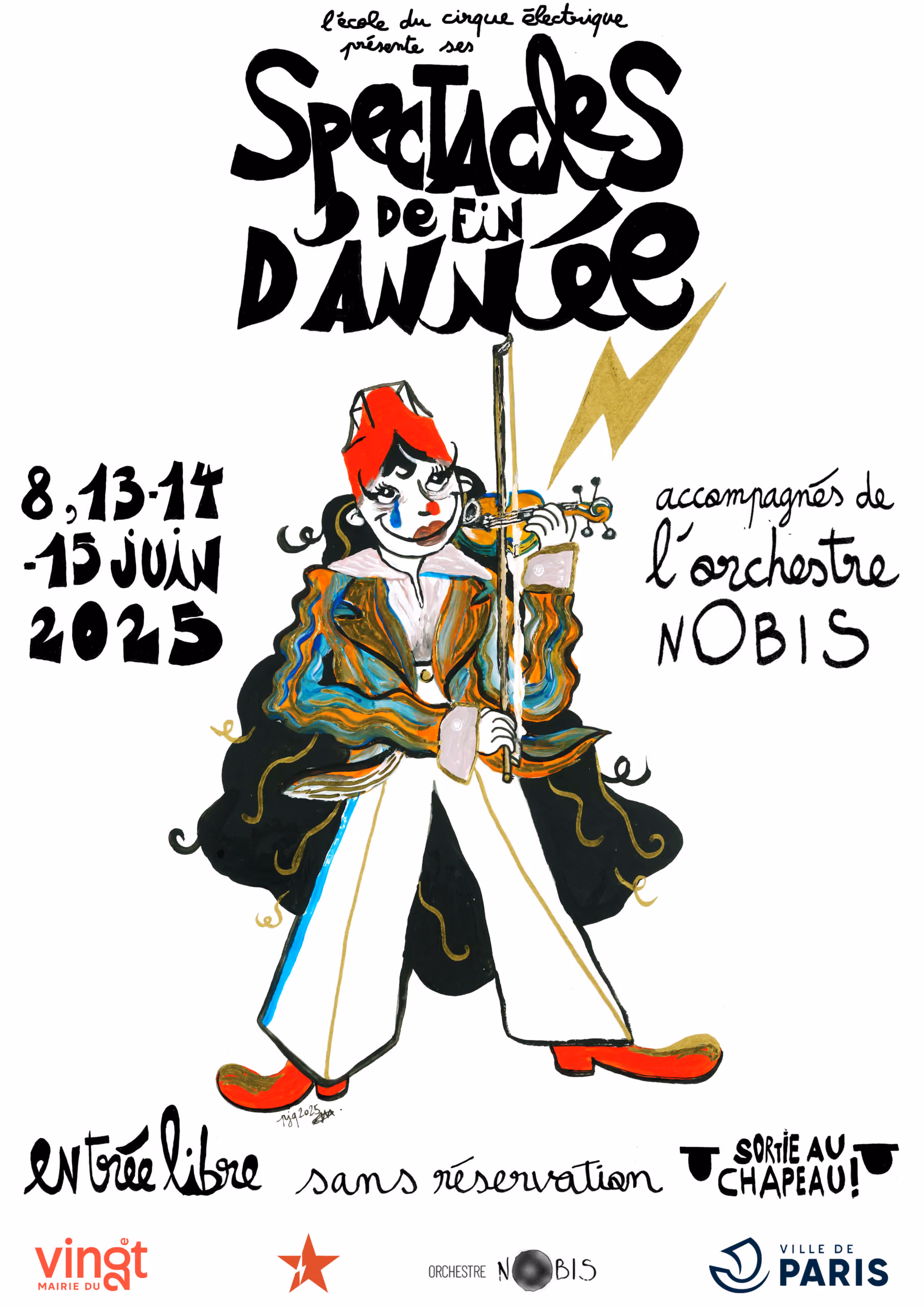 Affiche dessinée pour les spectacles de fin d'année de l'école du cirque électrique en juin 2025, avec un clown jouant du violon, accompagné de l'orchestre Nobis.