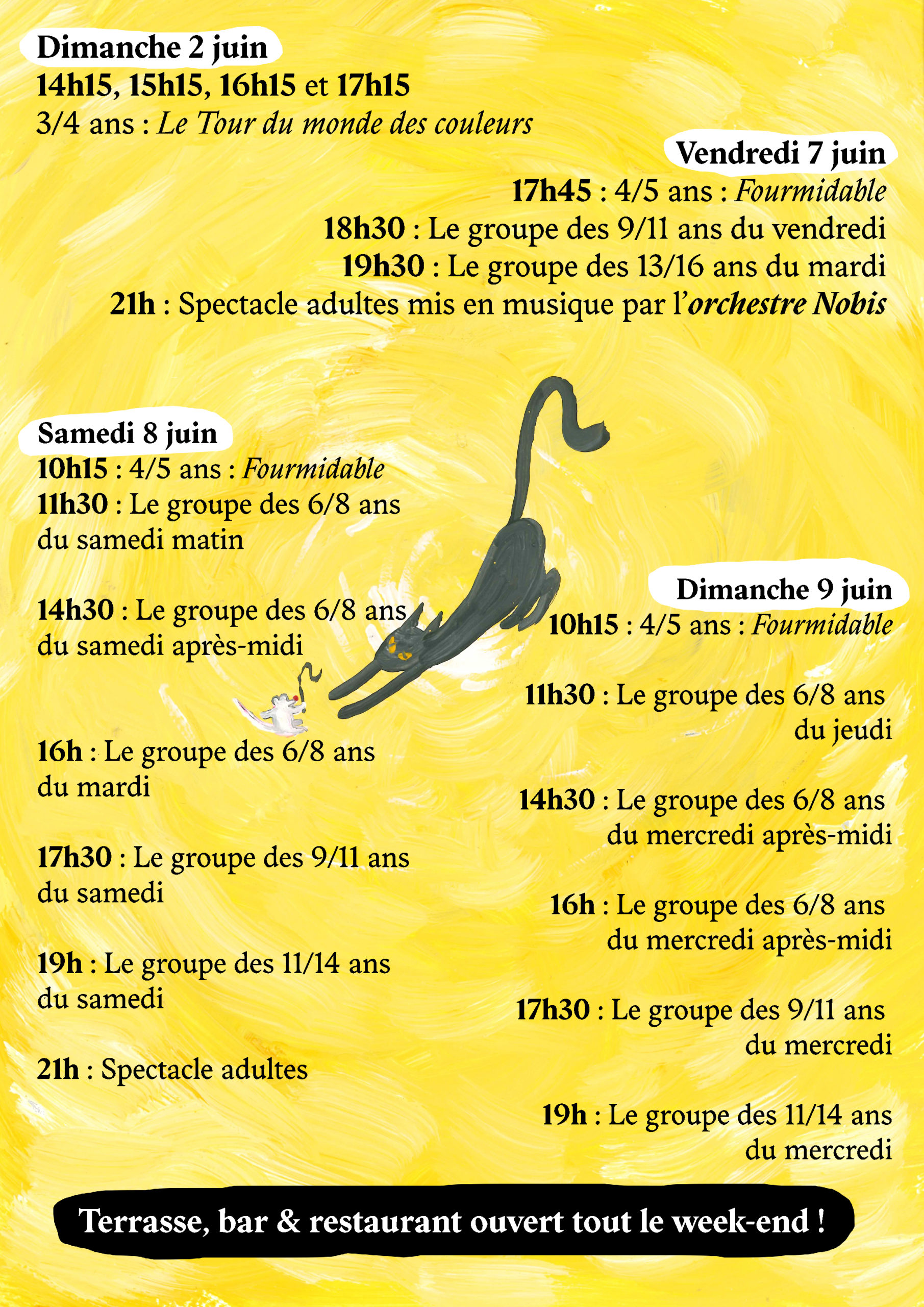 Recto du programme des spectacles pour enfants et adultes du 2, 7, 8 et 9 juin 2024 sur fond jaune avec illustration d'un chat noir sautant vers une souris blanche. Horaires, âges et titres des spectacles sont listés, avec une note indiquant que la terrasse, bar et restaurant sont ouverts tout le week-end.