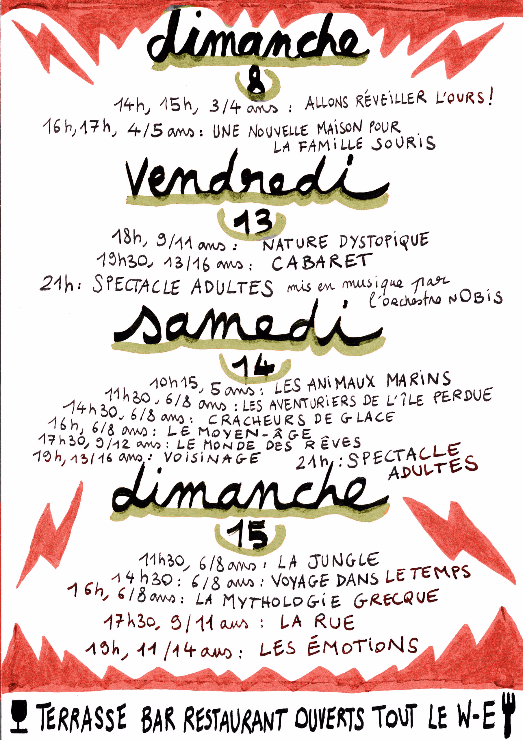 Recto du programme des spectacles de fin d'année 2025 du dimanche 8 au dimanche 15, pour différentes tranches d'âge, illustré avec des éclairs rouges et texte manuscrit en français.