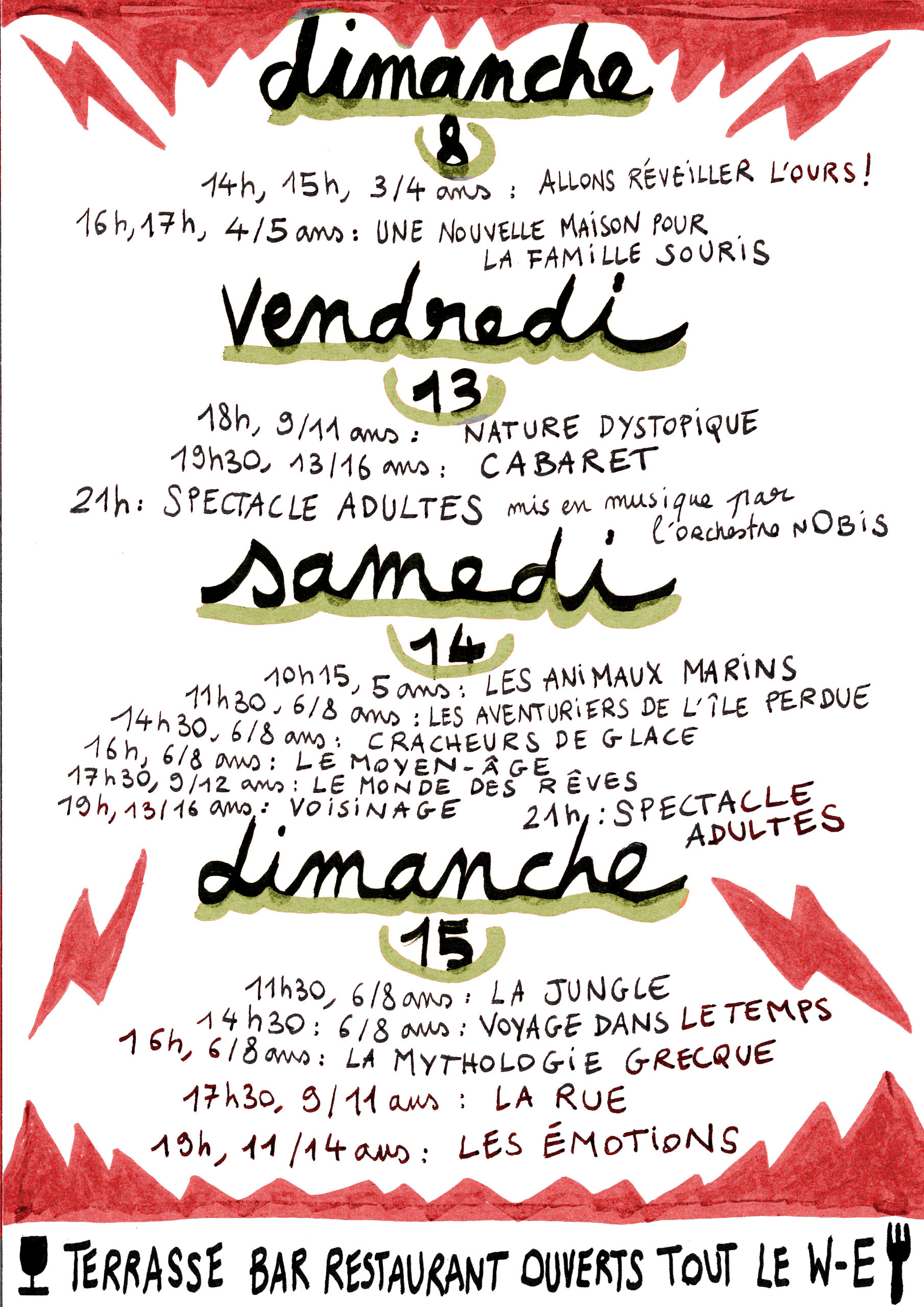 Recto du programme des spectacles de fin d'année 2025 du dimanche 8 au dimanche 15, pour différentes tranches d'âge, illustré avec des éclairs rouges et texte manuscrit en français.